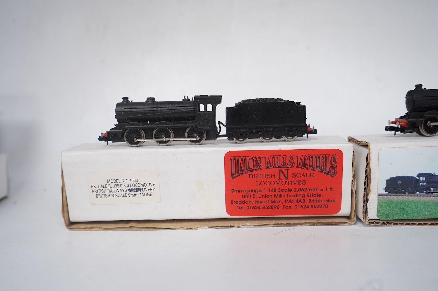 Two boxed Union Mills Models N gauge railway LNER/BR locomotives; a Class J39, and a Class J39, 64829. Condition - good.